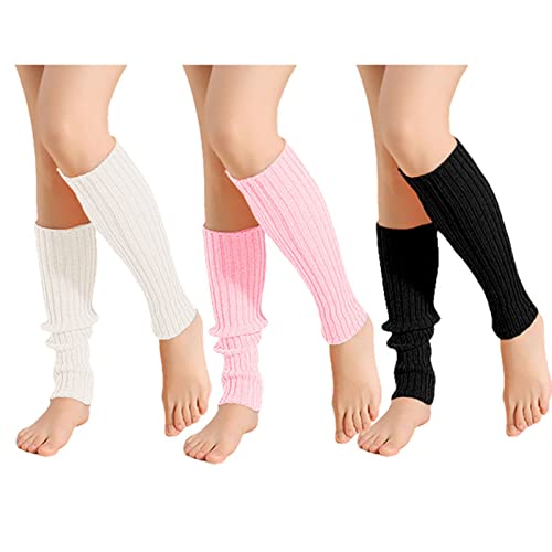 Zarsio 3 Pairs Women Knit Leg Warmers Retro 80S Retro Ribbed Knitted Knee Ballet Thigh High Leg Warmers Ankle Heap Sock (Light Pink+Black+White) #TOP6