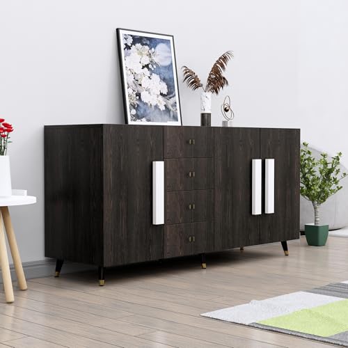 Image of Bniture Storage Cabinet Wooden for Living Room Sideboard with 4 Drawer and 3 Door | Multipurpose Storage Organizer Chest of Drawer Cabinet for Home Hallway Drawing Room Bedroom Kitchen | Flower Wenge
