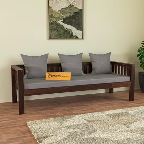 Image of Solid Wood Sheesham 3 Seater Low Height Sofa | Three Seater Sofa for Living Room, Home, Office Furniture with Grey Cushion - Walnut Finish