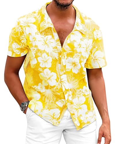 Fastkoala Hommes Chemise à Fleurs Hawaïennes Chemises Tropicales Plage Tops Holiday Summer Casual Button Down Jaune L
