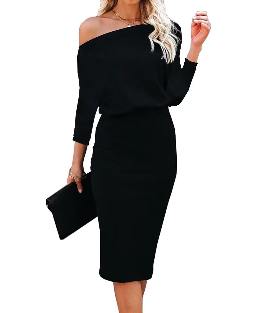 BONITEE Women Sexy Off The Shoulder Midi Dresses Fall Ribbed Cocktail Party Dress Casual Wedding Guests Work Maxi Dresses
