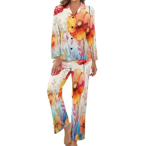 Pyjama femme manches longues et pantalon fluide imprimé floral pour l'été