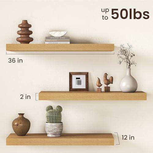 Image of 36Inch Oak Floating Shelves for Wall, 12 Inch Deep Shelves for Bedroom, Kitchen, Bathroom Wall Mounted, Rustic Wood Floating Shelf with Invisible Brackets for Books, Storage, Decor, 2 Packs