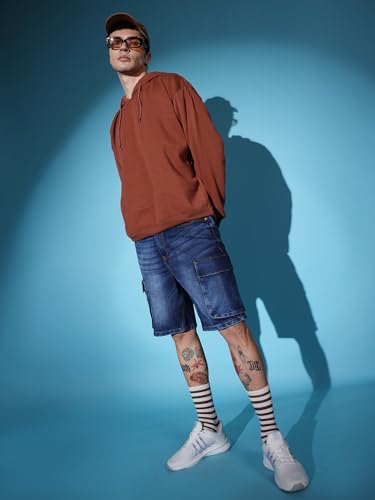 Image of The Indian Garage Co Men Relaxed Fit Solid Mid-Rise Denim Cargo Shorts