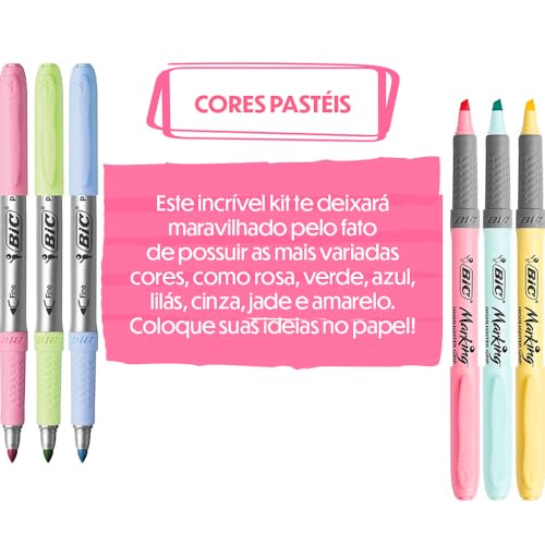 BIC, Kit Pastel com 12 itens, 3 Marcadores Multiuso Marking + 3 Marcadores de Texto Marking + 3 Inte