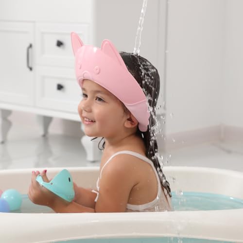 Image of Shower Cap for Kids, Baby Shower Cap bath wash Shampoo rinser shield Hat Adjustable head hair Visor Protection Toddler and Children,Prevent water from entering eyes and ears (Pink fox)