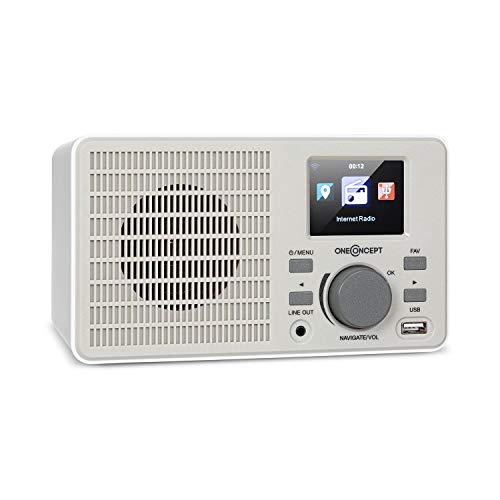 OneConcept TuneUp - Internet Radio, WLAN Interface, Power: 5 Watts, App Control with AirMusic App, Line Output, 2.4u0094 HCC Display (High Contrast and Colour), 5 W Stereo Speakers - White