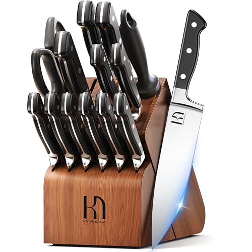 Image of Knife Set, 15 Pcs Kitchen Knife Block Set, Enduring Razor-Sharp Japanese High Carbon Stainless Steel Chef Knife Set with Block and Sharpener, Premium Knives Set for Kitchen, Black Acacia