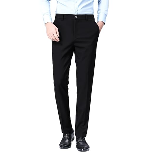 ESSYSHE Calça social masculina slim fit, frente lisa, afunilada, calça de terno elástico para homens, Preto, 34W / 32L