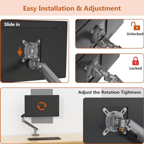 Image of Artikel Single Monitor Desk Mount | Adjustable Heavy Duty Monitor Arm | VESA Mount with C Clamp & Grommet Mounting Base | Computer Monitor Stand (Grande Metallic, Single)