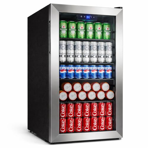 Image of Manastin 3.1 Cu.Ft Beverage Refrigerator, 126 Can Glass Door Mini Fridge | Reversible Glass Door, 34-64F Adjustable Thermostat, Freestanding Drink Cooler for Soda, Beer & Home Bar