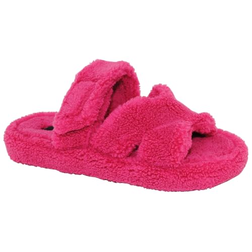 TRENDSUP Open Toe Slippers for Women, Adjustable, Memory Foam, Fuzzy Fur Lining, Non Slip Sole