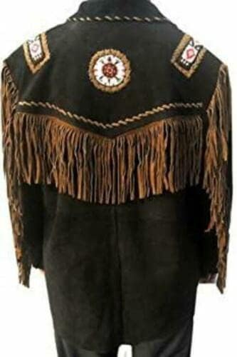 Men's Western Cowboy Leather Jacket with Fringed Native American Suede Beaded Traditional Leather Coat - Image 3