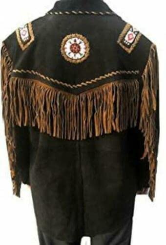 Men's Western Cowboy Leather Jacket with Fringed Native American Suede Beaded Traditional Leather Coat2