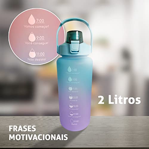 Garrafa De Água Squeeze 2 Litros VSSOLO Com Frases Motivacionais TIE DYE Com Canudo e Adesivos Para