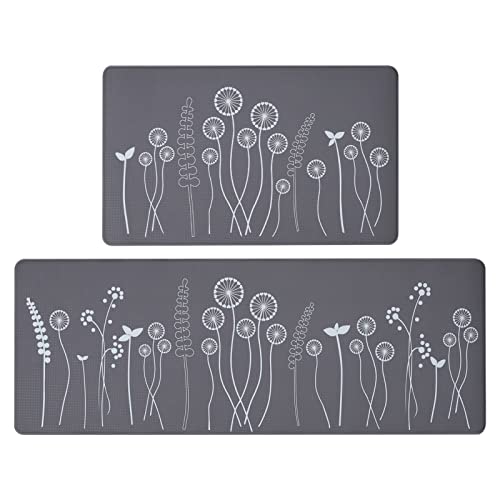 Rempry Dandelion Kitchen Mat And Rugs Set Of 2, Anti Fatigue Kitchen Mats For Floor, Non Slip Cushioned Comfort Standing Mat For Kitchen Sink Office Laundry, 17"X47"+17"X29", Grey #TOP8