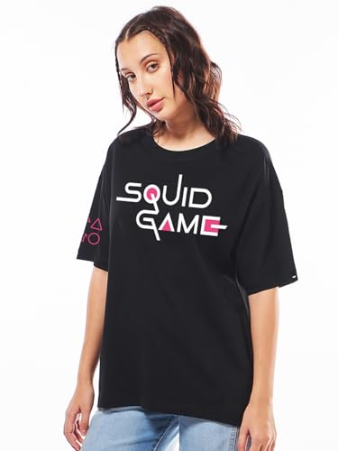 Image of Bewakoof X Squid Game Women's Cotton Jersey Graphic Print Oversized Fit Half Sleeve Round Neck T-Shirt | Casual wear | Streetwear | Oversized Tshirt for Woman Cotton| Baggy