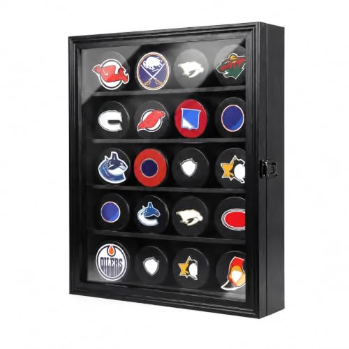 Odjaraye 20 Hockey Puck Display Case - Puck Holder Wall Mount Cabinet Stand - Hockey Puck Shadow Box with Glass Large Black