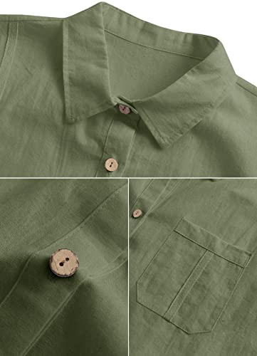 Mens Beach Linen Shirts Short Sleeve Cuban Button Down Casual Summer T Shirt Guayabera Hawaiian Tee Loose Fit Tops A Army Green #TOP6