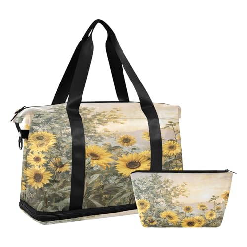 Sunflower Beige Duffel Bag for Women Men Gym Bag with Shoe Compartment Wet Pocket Carry On Weekender Overnight Bags for Travel Weekend Getaway2