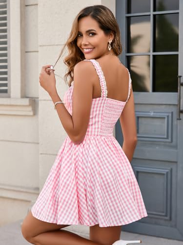Image of Parthea Women's Summer Cute Corset Mini Dress Lace Spaghetti Strap Sweetheart Flowy A-line Gingham Short Dresses