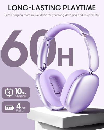 Image of Wentronic Y02 Active Noise Cancelling Headphones, Wireless Over-Ear Bluetooth 5.4 Headphones with Microphone, 60H Playtime, Hi-Res Audio, Big Bass, Foldable Lightweight for Travel Home Office, Purple