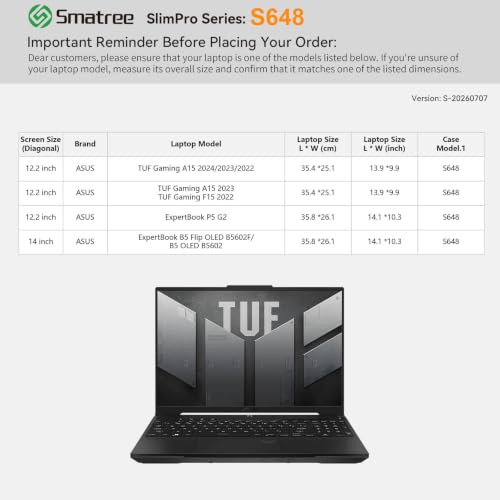 Image of Smatree SlimPro Laptop Case for 15.6 inch ASUS TUF Gaming A15 2024 /2023 | Compatible for 15.6 inch ASUS TUF Gaming A15 2024 /2023 /2022, ExpertBook P5 G2 /B5 Flip OLED B5602F /B5 OLED B5602, Case(S648)