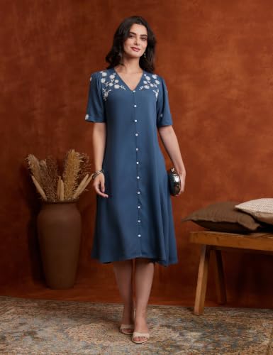 Image of Amazon Brand - Myx Women's Embroidered Shirt Dress | Below The Knee (Available in Plus Sizes)