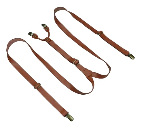 Entwineno Mens Leather Suspenders - Clip On Pattern Adjustable Braces - Wedding Groomsmen Gifts - (Reddish Brown L Adult (510~61))