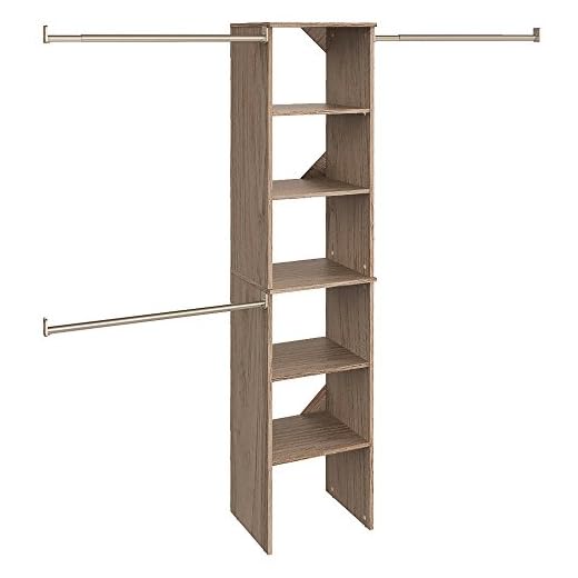 ClosetMaid SuiteSymphony Wood Closet Organizer Starter Kit with Tower and 3 Hang Rods Shelves, Adjustable, Fits Spaces 4 – 9 ft. Wide, Natural Gray, 16"