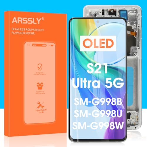 OLED for Samsung Galaxy S21 Ultra Screen Replacement for Samsung S21 Ultra 5G LCD Display Touch Screen SM-G998U G998A G998W Digitizer Assembly Repair Parts (Silver with Frame)