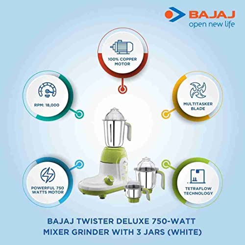 Image of BAJAJ MIXER GRINDER TWISTER DLX 230 Mixer Grinder (3 Jars, WHITE /GREEN)