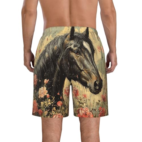 Men's Swim Trunks Beach Board Shorts Swimming Quick Dry - Funny Horse Floral Vintage3