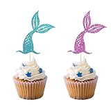 Set of 24 Glitter Pink & Blue Mermaid Tail Cupcake Toppers, Pearls Decor for Baby Girl Birthday Part