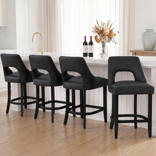 Image of UVV Bar Stools Set of 4, Modern Upholstered Counter Height Bar Stools, Faux Leather Counter Stools BarStools with Wood Legs for Kitchen Island Dining Room Bar, Black