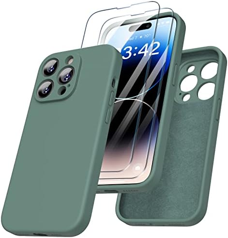 Enskko 4 in 1 Designed for iPhone 14 Pro Max Silicone Case, with 2 Pack Screen Protector + 1 Phone Stand, Full Cover [Enhanced Camera Protection] Case [Anti-Scratch Microfiber Lining], Midnight Green