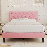 VECELO Full Size Bed Frame, Upholstered Platform with Adjustable Diamond Tufted Headboard, Wood Slat Support, No Box Spring Needed, Pink