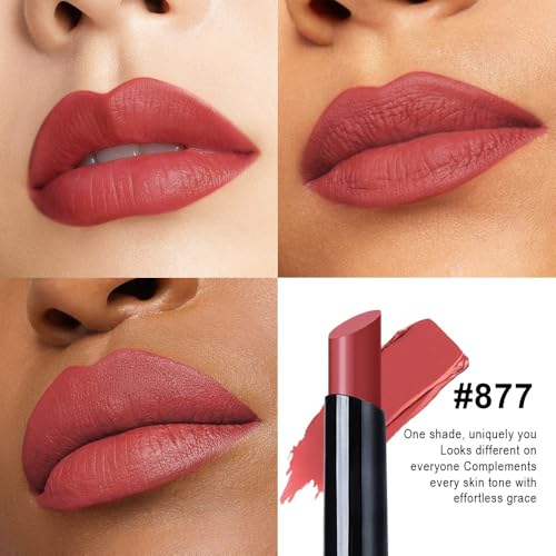 Image of evpct Fire Brick Velvet Matte Lipstick, High Pigmented Slim Lipstick Long Lasting Waterproof for Women Gift, Velvet Silky Lip Stick Stain Color Makeup Blendable 24 Hours Original Makeup Labiales, 877#