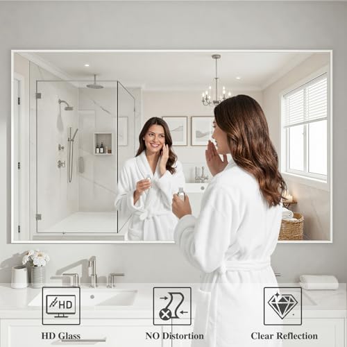Image of Koonmi White Rectangle Wall Mirror, 36x60 Inch Bathroom Mirror, Aluminum Frame Vanity Mirror for Entryway, Living Room, Bedroom Bathroom, Hangs Horizontally or Vertically
