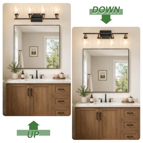 Image of Ascher Bathroom Light Fixtures, 4-Light Vanity Lights with Clear Glass Shade, Modern Black and Gold Wall Light for Mirror Bedroom Hallway Cabinet Porch