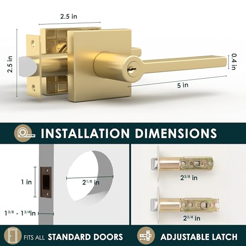 Image of Mega Handles - Prime Entrance Handle, Entry Lever Door Handle, Heavy Duty Square Locking Lever Set for Left or Right-Handed Doors, Interior /Exterior Door Levers - Satin Brass