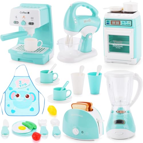 IGUGI Kinder Küchengeräte Set,Küchengeräte Spielzeug Set,Kinderküche Spielset--Inkl.Kinder Kaffeemaschine mit Sound & Lichtern,Mixer,Entsafter,Toaster,Obst und Schürze,Spielküche Zubehör Kinder