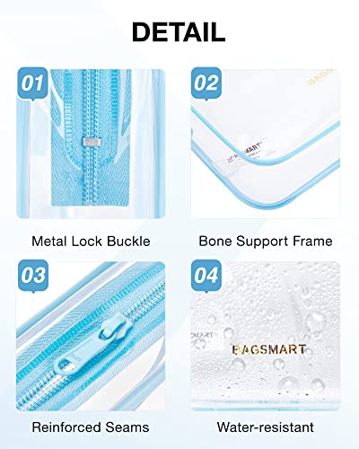 Image of BAGSMART Clear Toiletry Bag, 2 Pack TSA Approved Travel Toiletry bag Carry on Travel Accessories Bag Airport Airline Quart Size Bags Water Repellent Makeup Cosmetic Bag for Women (Blue-2Pcs)
