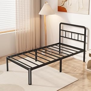 14 Inch Twin Bed Frames with Headboard, Heavy Duty Metal Twin Size Platform Bed Frame with Rounded Corner Legs, No Box Spring Needed, Noise Free, Easy Assembly, Black