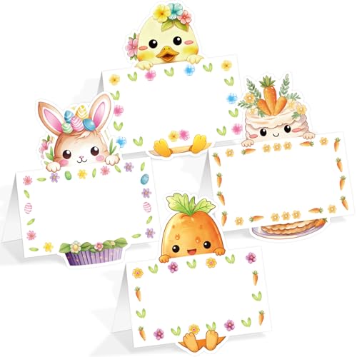 Fancy Land Easter Place Cards Cute Bunny Chick Carrot Cake Tent Cards for Spring Wedding Party Dinner Decoration Table Setting Supplies 24Pcs