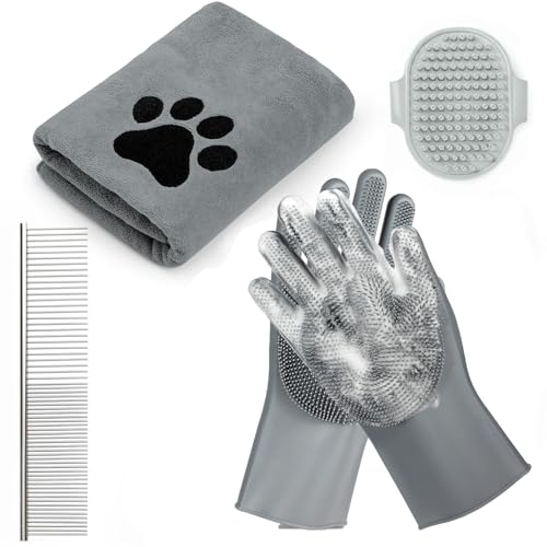 Kit per il lavaggio del cane, set 4 in 1 per animali domestici con asciugamano asciugacapelli, guanti da lavaggio, pettine in metallo, spazzola per massaggio, kit per la toelettatura per animali