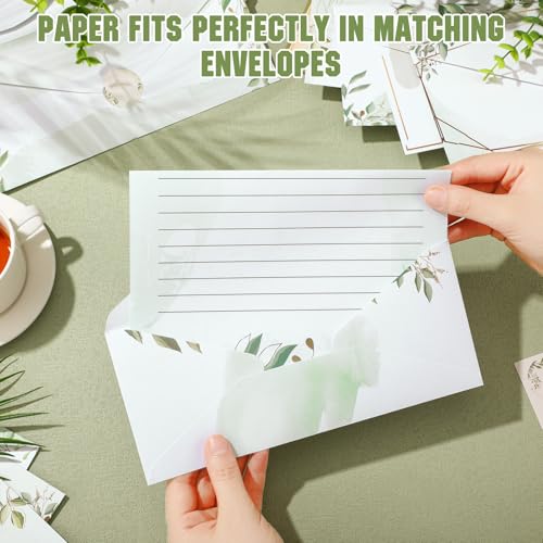 Image of TaoBary 160 Pcs Stationery Paper Set 50 Double Sided Stationery Papers with 50 Matching Envelopes and 60 Round Dot Sticker, 10 Design(Green Leaves,8.5 x 11 Inch)