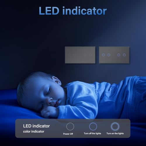 BSEED Touch Lichtschalter 2 Fach 1 Weg mit 2 Fach 1 Weg Wandschalter mit Glasscheibe 3-500W Berührungssensor EU Standard Wandlichtschalter 157mm - grau