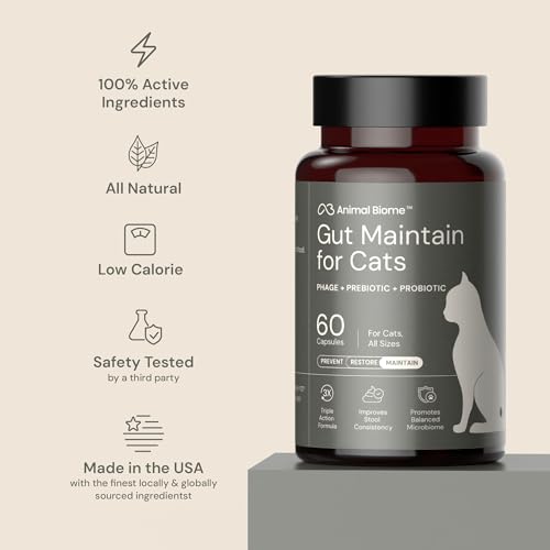 Image of Animal Biome Cat Pre and Probiotic, S Boulardii, Gut Maintain, 60 Capsules | Triple-Action Cat Probiotics, Prebiotics & Phage Supplements for Gut Health, Hairballs, Diarrhea Support, Open as Food Topper
