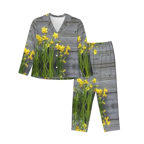 Pyjama long 2 pièces en jersey pour femme avec imprimé jonquilles